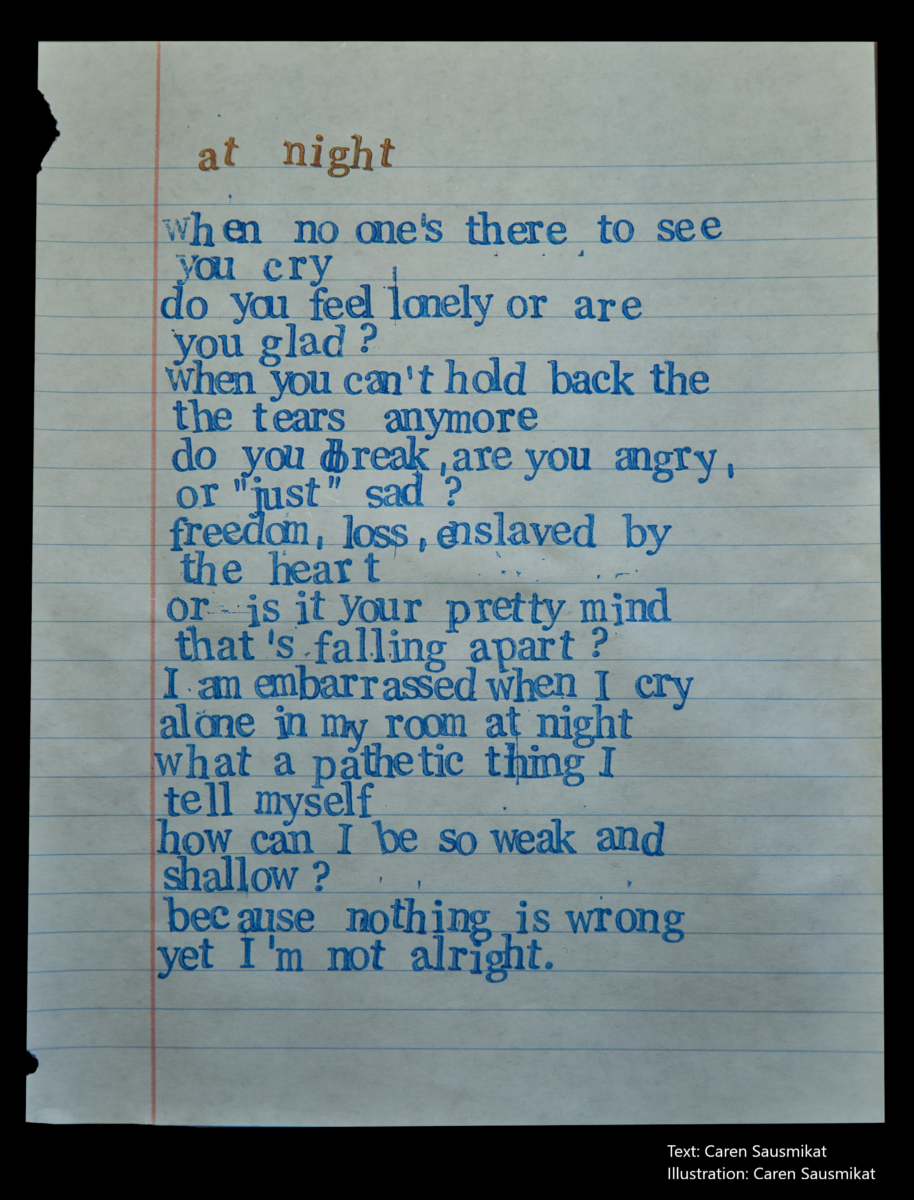 when no one's there to see 
you cry 
do you feel lonely or are 
glad? 
when you can't hold back the tears anymore 
do you break, are you angry, 
or "just" sad? 
freedom, loss, enslaved by 
the heart 
or is it your pretty mind 
that's falling apart? 
I am embarrassed when I cry 
alone in my room at night 
what a pathetic thing I 
tell myself 
how can I be so weak and
shallow?
because nothing is wrong 
yet I'm not alright. 