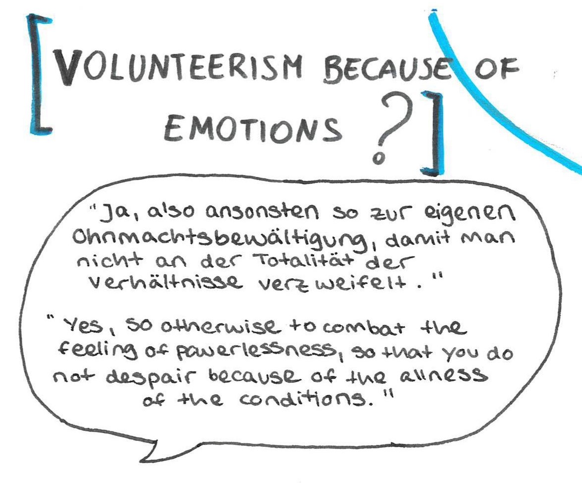 Volunteerism because of emotions?
“Ja, also ansonsten so zur eigenen Ohnmachtsbewältigung, 
damit man nicht an der Totalität der Verhältnisse verzweifelt.“
“Yes, so otherwise to combat the feeling of powerlessness, so that 
you do not despair because of the allness of the conditions.” 